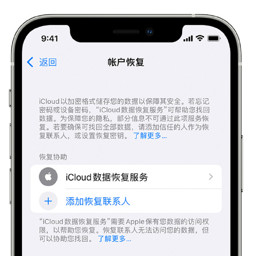 华宁苹果手机维修分享在 iPhone 上设置帐户恢复联系人的方法 