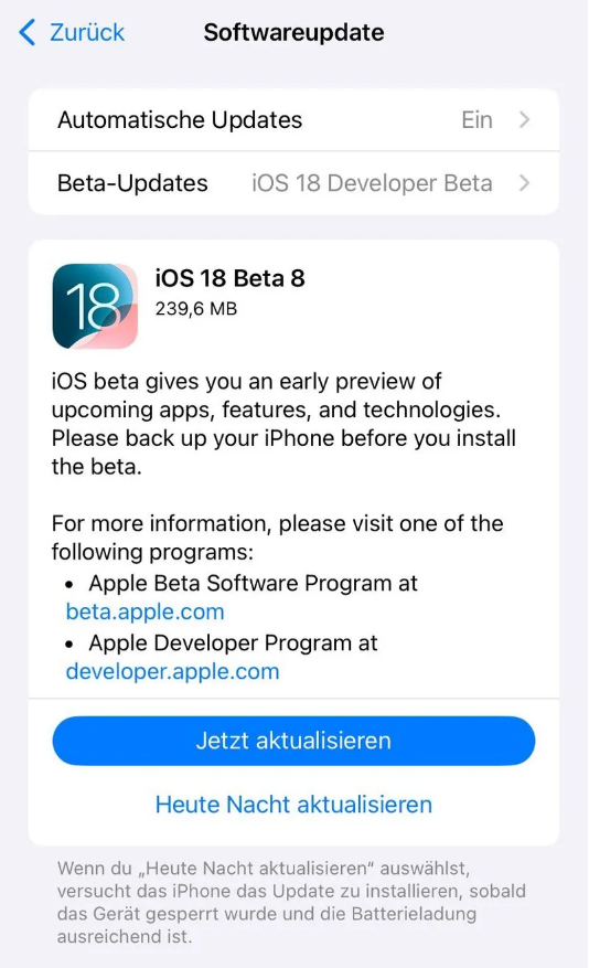 华宁苹果手机维修分享苹果 iOS / iPadOS 18 开发者预览版 Beta 8 发布 